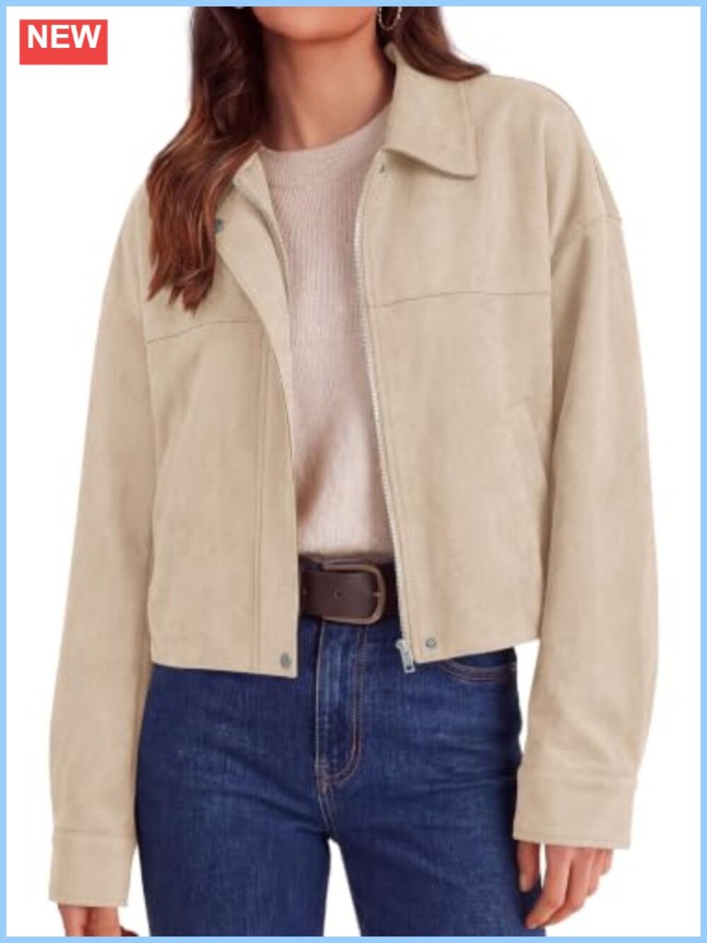 Faux Suede Cropped Jacket Women Zip Up Long Sleeve Fall Winter Lapel Collar